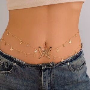 Boho Hollow Butterfly Waist Belly Belt Chain for Women Summer Body Chain 36”
